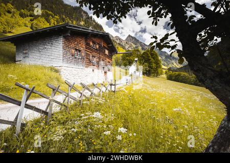 Allgäuer Bergbauerndorf im Frühjahr. Alte Berghütte mit einer kleinen Kapelle im Hintergrund. Im Vordergrund eine blühende Bergwiese und ein Pfahlzaun. Bergbaudorf Gerstruben bei Oberstdorf vor dem Höfats. Allgäuer Alpen, Oberallgäu, Allgäu, Bayern, Süddeutschland, Deutschland Stockfoto