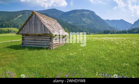 Eine Holzscheune in der wunderschönen Wildschönau. Er liegt in einem abgelegenen Alpental auf etwa 1.000 m Höhe Stockfoto