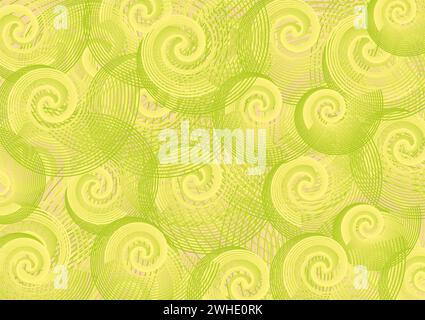 Spiralförmiger Hintergrund in grün-gelber Tonart für Textilien oder Stoffe. Heller Hintergrund für Modetrends, Geschäftskonzepte, Cover, Scrapbooking Stockfoto