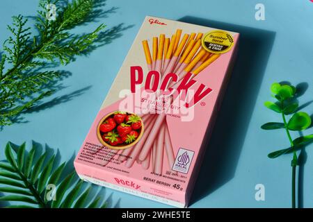 Wonosobo, Indonesien 23. April 2023: Pocky Snacks mit Erdbeergeschmack in rosa Verpackung. Vor blauem Hintergrund. Stockfoto