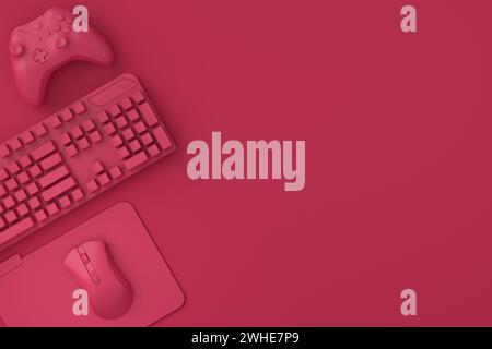 Übersichtliche Einrichtung im Home Office mit technischen Geräten wie einer kabellosen Tastatur, Gaming-Controllern und Maus auf monochrom-Hintergrund Stockfoto