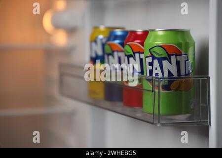 KIEW, UKRAINE - 4. MAI 2023: Dosendosen der Marke Fanta für alkoholfreie Getränke mit verschiedenen Geschmacksrichtungen aus nächster Nähe Stockfoto