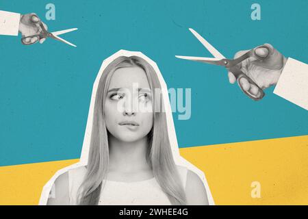 Collage-Bild der attraktiven Frau Stylistin Versuch Schnitt lange Frisur riesige Schere Werbung Beauty Salon Promo isoliert auf gemalten Hintergrund Stockfoto