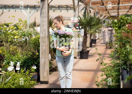 Mädchen hält Hortensia in einem Topf in einem Blumenladen Stockfoto