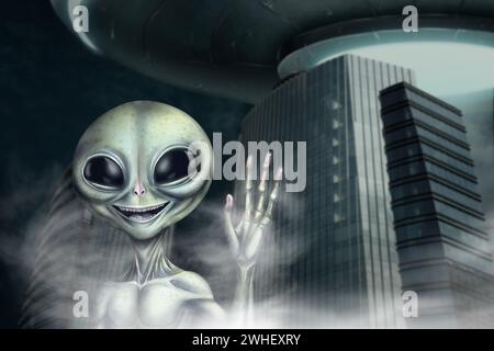 Alien und fliegende Untertasse in der Stadt. UFO, außerirdische Besucher Stockfoto