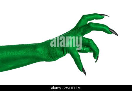 Gruseliges Monster. Grüne Hand mit Krallen isoliert auf weiß Stockfoto
