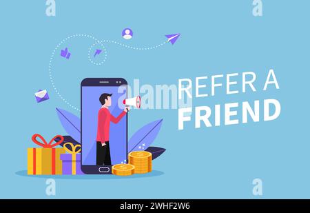 Empfehlung eines Freundes. Abbildung des Megaphon-Symbols eines Mannes Stock Vektor