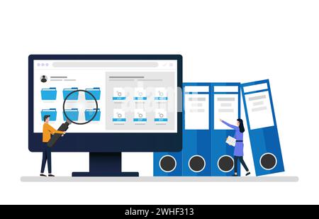 Mitarbeiter suchen und indizieren Dateidokumente. Abbildung: Dateimanager und Datenspeicherkonzept. Stock Vektor