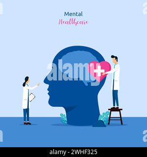 Psychische Gesundheit medizinische Behandlung Vektor-Illustration. Fachärzte arbeiten zusammen, um Psychologie Liebestherapie für die geistige Gesundheit der Welt zu geben. Für Post Stock Vektor