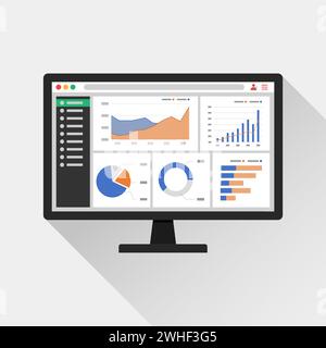 Symbol für Web-Analyse auf dem Computerbildschirm. Konzept für Trenddiagramme. Statistikdiagramme für Planung und Buchhaltung, Analyse, Audit, Management Stock Vektor
