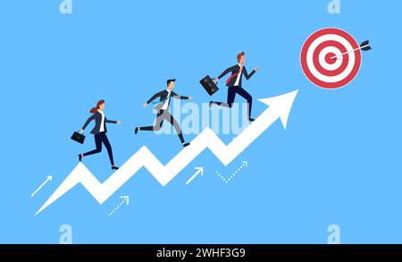 Gruppe von Personen, die mit dem Pfeilsymbol zum Ziel laufen. Geschäftskonzept für Erfolg. Stock Vektor