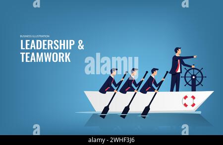 Führungskonzept für Business Teamwork. Geschäftsleute, die im Team arbeiten, Gruppe von Menschen, die gemeinsam Boot rudern, um dasselbe Ziel und Ziel zu erreichen. Stock Vektor