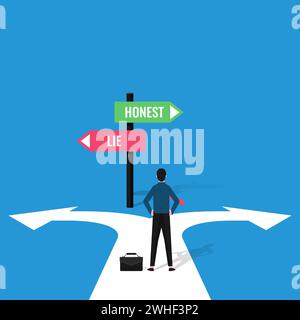 Geschäftsmann-Entscheidungskonzept mit Zeichen der ehrlichen und Lügenvektorillustration. Stock Vektor
