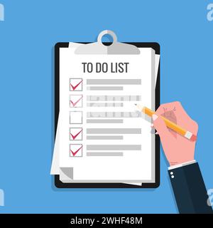 Halten Sie den Bleistift mit der Hand und füllen Sie das Häkchen auf der To-do-Liste mit Papierbogen mit Zwischenablage und blauem Hintergrund. Stock Vektor