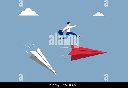 Business- und Karriereweg-Konzept. Geschäftsmann springt über die neue Papierflugzeug-Illustration. Stock Vektor