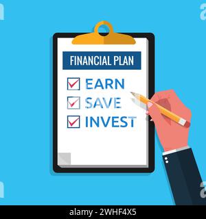 Finanzplanungs-Checkliste zum Clipboard-Konzept. Stock Vektor