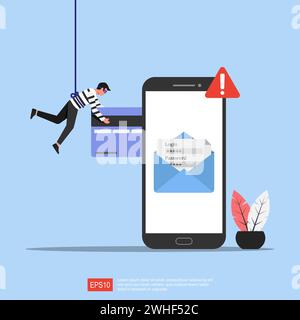 Abbildung des Phishing-Konzepts. Cyberkriminalität und Betrug online mit Telefonalarmsymbol. Stock Vektor