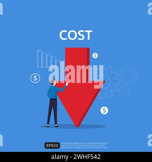 Kostenreduzierungskonzept mit Geschäftsmann-Charakter und nach-unten-Pfeil-Symbol-Vektor-Illustration. Stock Vektor