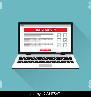 Fragebogen zur Online-Umfrage zur Checkliste auf Vektorillustration für Laptop-Bildschirme. Stock Vektor