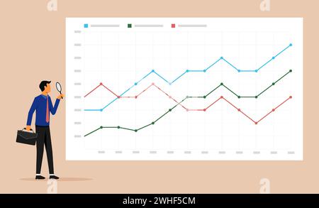 Geschäftsmann, der das Symbol für das Wachstumskartendiagramm mit einer Lupe analysiert. Darstellung des Vektors für die Analyse und Überwachung von Geschäftsdaten. Stock Vektor