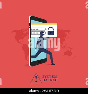 Hacker stiehlt Datenkonzept vom Telefon. Warnung vor einem gehackten System. Illustration des Vektors für Cyber-Kriminalität Stock Vektor