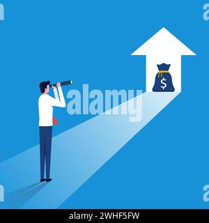 Geschäftsmann, der durch das Teleskop blickt, sieht Erfolgsvision mit Pfeilsymbol. Stock Vektor