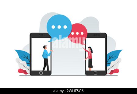 Online-Chat-Konzept. Mann und Frau, die Gespräche von Telefonvektorillustration führen. Stock Vektor