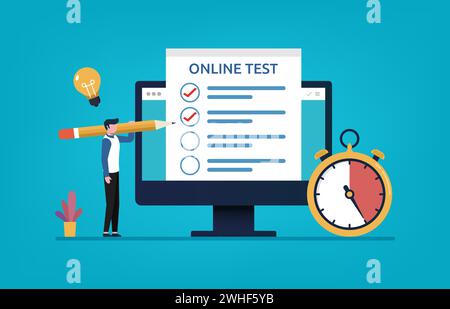 Online-Test, Mann auf Monitor über Internet-Vektor-Illustration Stock Vektor