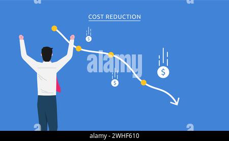 Kostenreduzierung, Kostenreduzierung, Kostenoptimierung Geschäftskonzept. Geschäftsmann zeigt Diagramm mit absteigender Kurve und Münzfallsymbol an. Stock Vektor
