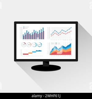 Website-Analyse und SEO-Datenanalysekonzept. Modernes Grafiksymbol auf dem Monitor Stock Vektor