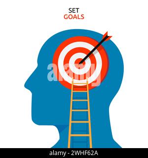 Menschenkopfsymbol mit Pfeil auf Zielkonzept. Legen Sie neue Ziele fest, um eine Erfolgsvektorillustration zu erzielen Stock Vektor