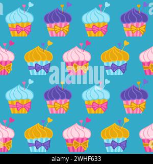 Abstraktes, nahtloses Muster für Cupcakes. Niedliche Muffin Bäckerei trendiger grenzenloser Druck Hintergrund. Einfache sich wiederholende Textur handgezeichneter Cupcake endloses Design für Papierdruck, Stoff Textil, Wickelhintergrund Stock Vektor