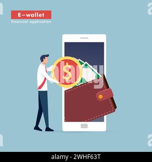 Smartphone-Bildschirm mit Geldbörse und Geld auf dem Bildschirm. Internet-Banking-Konzept. Drahtloser Geldtransfer mit App. Stock Vektor