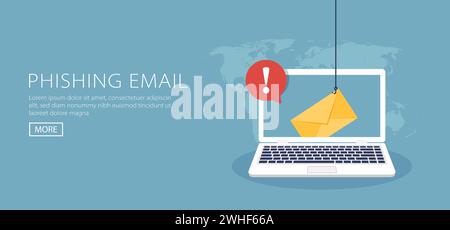 Data-Phishing, Hacking Online-Betrug auf Computer-Laptop-Konzept. Angeln per E-Mail, Umschlag und Angelhakensymbol. Stock Vektor