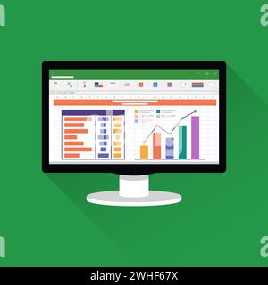 Tabellenkalkulation auf dem Bildschirm des Computers. Finanzbuchhaltung Bericht Konzept. Office-Dinge für Planung und Buchhaltung, Analyse, Audit, Projekt Mann Stock Vektor