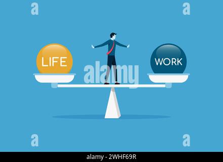 Geschäftsmann, der Arbeit und Leben auf der Skala Vektor-Illustration in Einklang bringt Stock Vektor