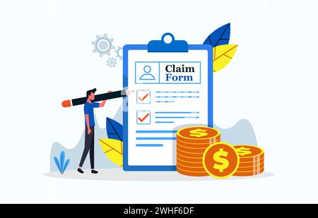 Antragsformular mit Häkchen und Geldsymbol. Geschäftsmann füllen in Anspruchsdokument Vektor Illustration aus Stock Vektor