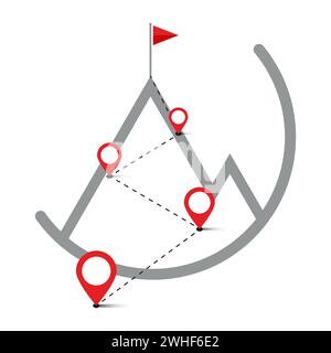 Route auf einem Hügel mit Navigationsnadeln, Flagge auf dem Gipfel Stock Vektor