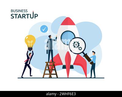 Neues Startup-Konzept, Arbeitgeber bereiten sich auf das Raketenraumschiff-Symbol vor Stock Vektor