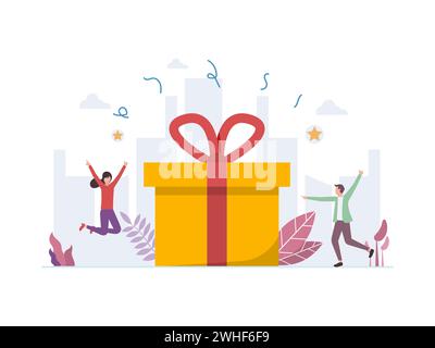 Give away Konzept, Mann und Frau fühlen Freude und glücklich für die Geschenk-Vektor-Illustration Stock Vektor