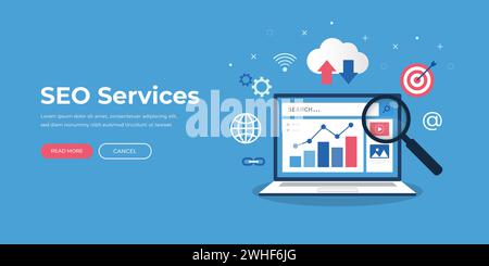 SEO Optimization Services Konzept. Suchmaschinenoptimierungsstrategie. Datenanalyse. Entwicklung und Produktion von Inhalten. Stock Vektor