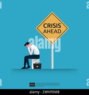 Depressiver, trauriger Geschäftsmann, der über Probleme nachdenkt. Krisenzeichenkonzept, Vektorillustration Stock Vektor