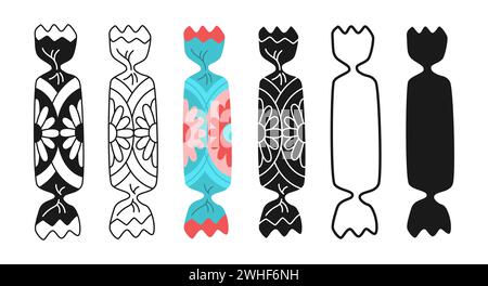 Eingewickelte Süßigkeiten mit Doodle Ornament. Bonbon mit Zeichentricksymbol, Lutscher mit Stempel, Kontur- oder Liniendudel-Süßigkeiten, Snackdesign-Set. Leckere Zucker Dessert kindliche Nahrung, gewickelte Karamell Süßigkeiten Vektor Illustration Stock Vektor