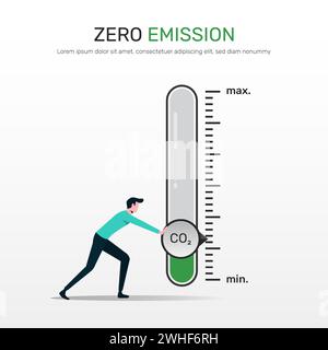 Emissionsfreies Konzept. Ein Mann, der den Pfeil auf den niedrigsten CO2-Wert zeigt. Neue Energie zur Dekarbonisierung von Industrie, Energie und Verkehr Stock Vektor