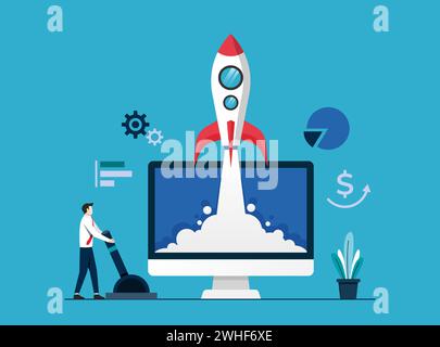 Geschäftsmann startet Rakete. Start-up-Unternehmen, die Produkte mit Raketensymbol einführen. Abbildung des Konzepts des Vektors starten Stock Vektor