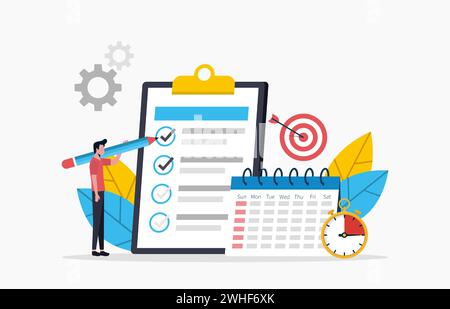 Checkliste für Geschäftsmann-Zeichen mit Stift. Geschäftsaufgabe Für Abschluss. Zielerreichungen - Personalplanung - Planungskonzept. Illus Mit Flachem Vektor-Zeichentrickfilm Stock Vektor