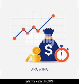 Wachstum der Unternehmensfinanzierung mit Geldstapel, Stoppuhr und Münzsymbol Stock Vektor