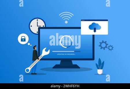 Mann, der Software auf dem Computer mit Fortschrittsleiste und Systemvektorgrafik der Installationssoftware aktualisiert. Stock Vektor