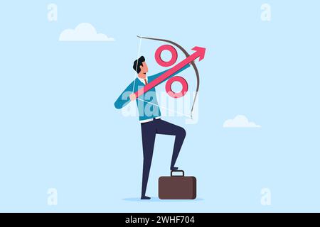 Zinsanstieg aufgrund steigender globaler Inflationsprozentsätze, FED- oder Notenbankgeldpolitik, Bsinessman Bogenschießen Prozentpfeil hoch bis t Stock Vektor