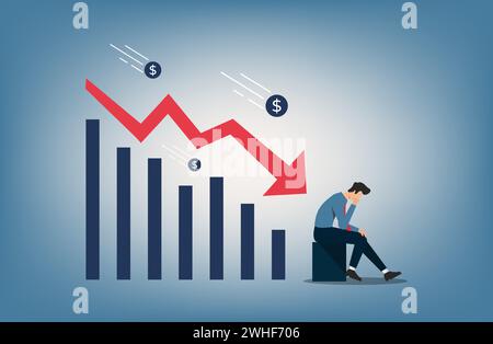 Finanz- und Wirtschaftskrisenkonzept. Geschäftsmann fühlt sich mit dem absteigenden Graphen-Symbol schlecht Stock Vektor